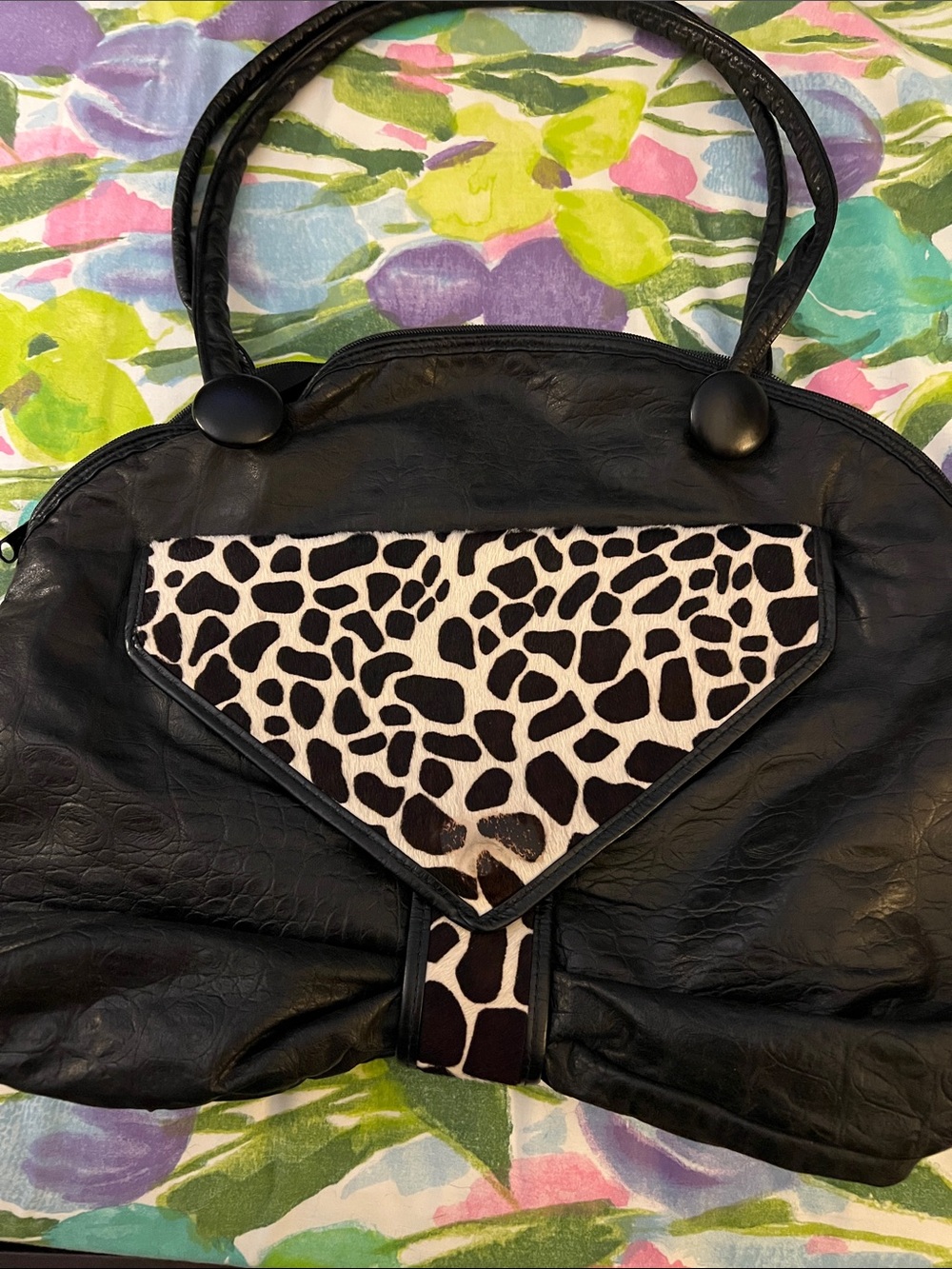 Black Tote Bag with Black & White Giraffe Print Accent 14x17